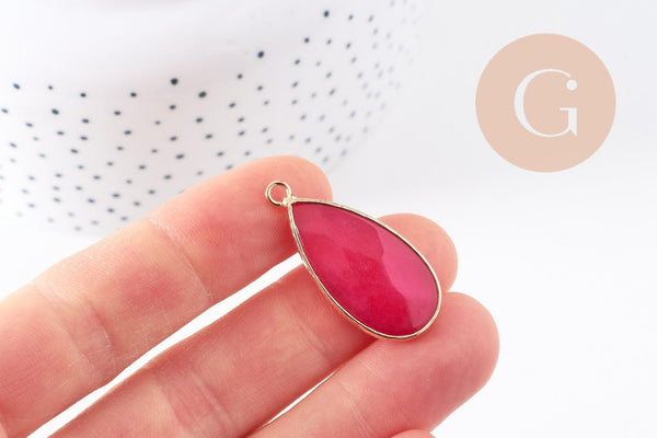 Pendentif goutte jade naturel rouge doré 33mm, x1 (G10109)