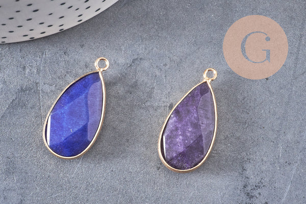Pendentif goutte jade violet clair ou foncé doré, pendentif jade, pendentif pierre,jade naturel, jade teinté bleu,33mm, x1 G0963