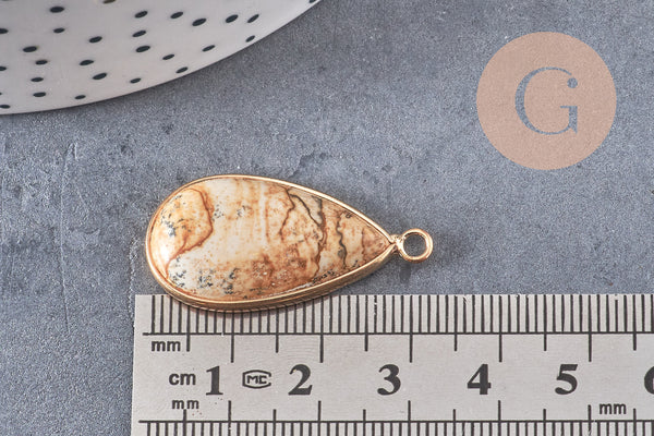 Pendentif goutte jaspe paysage naturel laiton doré 33mm, x1 (G5164)