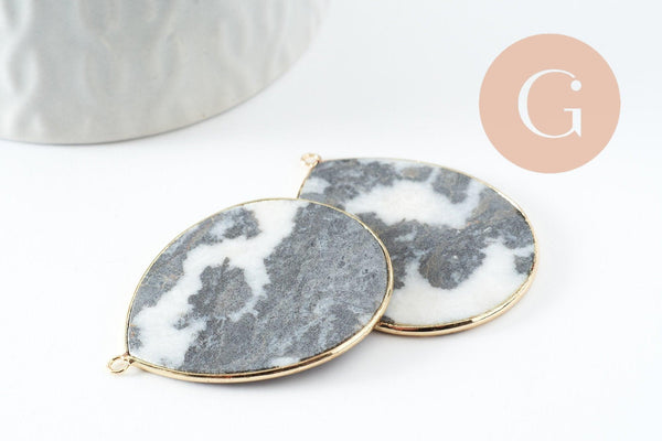 Pendentif goutte jaspe zebra naturel noir et blanc laiton doré 44mm, pierre naturelle, x1 (G9813)