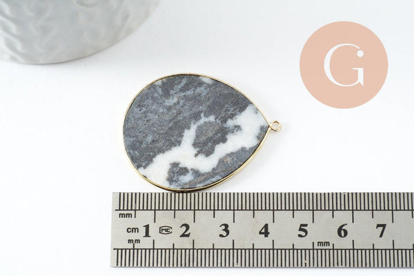 Pendentif goutte jaspe zebra naturel noir et blanc laiton doré 44mm, pierre naturelle, x1 (G9813)