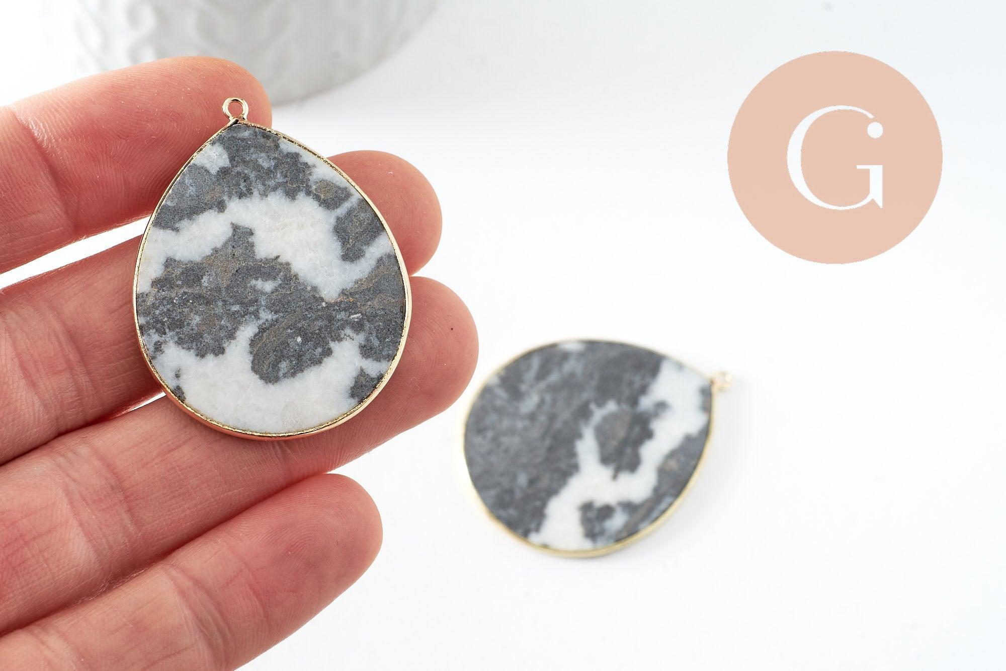 Pendentif goutte jaspe zebra naturel noir et blanc laiton doré 44mm, x1 (G9813)