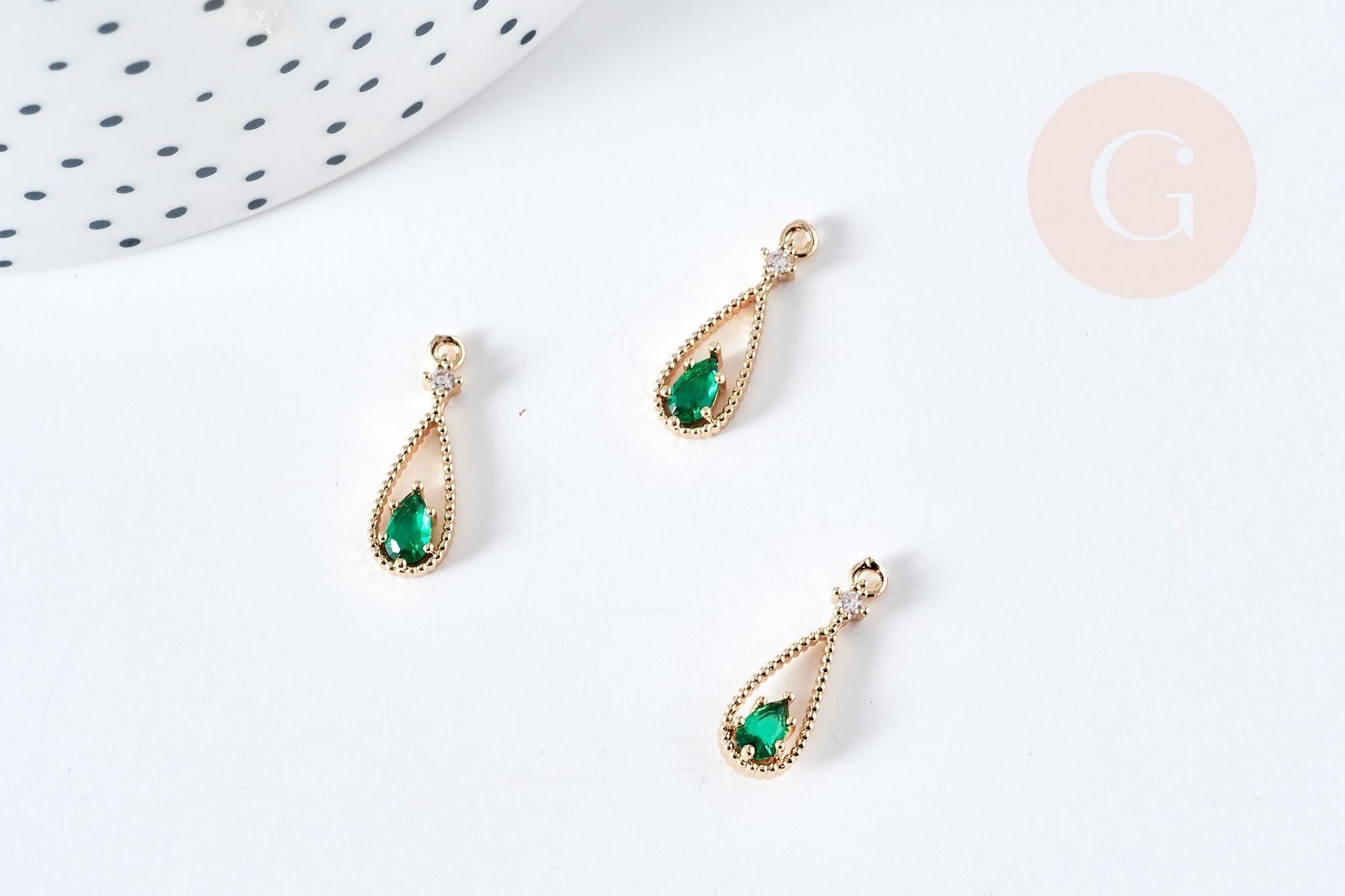 Pendentif goutte laiton doré zircon cristal vert 17,5mm, pendentif création bijoux, x1 G8436