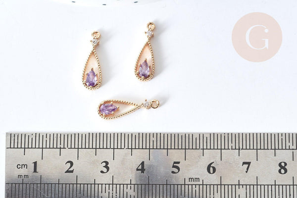 Pendentif goutte laiton doré zircon violet 17,5mm, pendentif création bijoux, x1 G8545