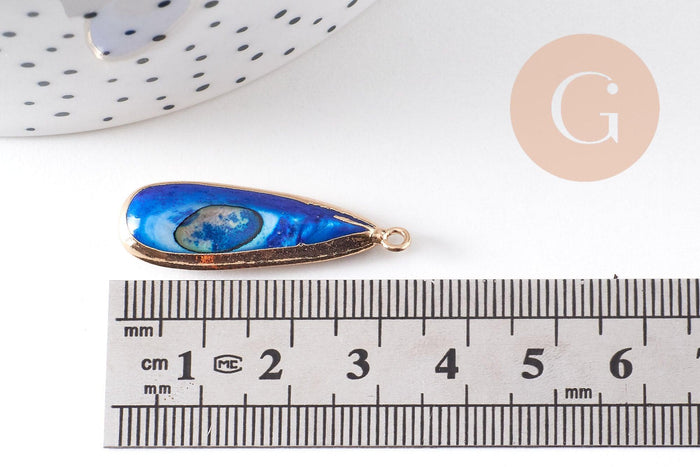Pendentif goutte nacre naturelle bleue doré,nacre bleu ,bijou nacre,coquillage bleu, x1 (G3098)
