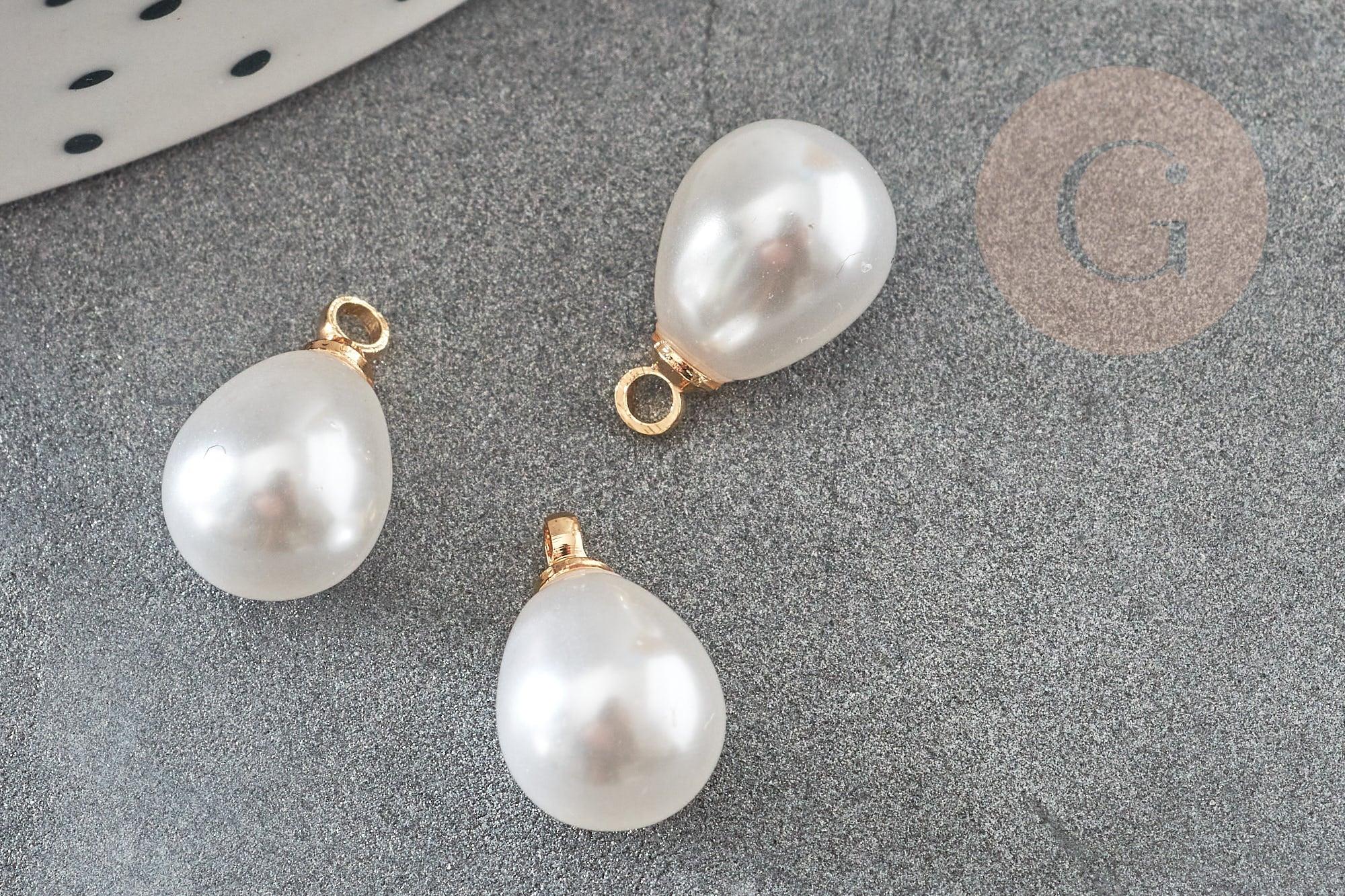 Pendentif goutte plastique imitation perle eau douce laiton doré 18K 13mm, x1 (G9364)