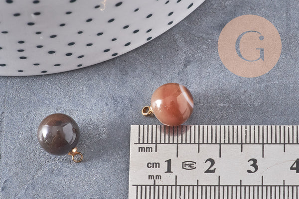 Pendentif goutte rond agate noire rayée laiton doré 14mm, x1 (G4787)
