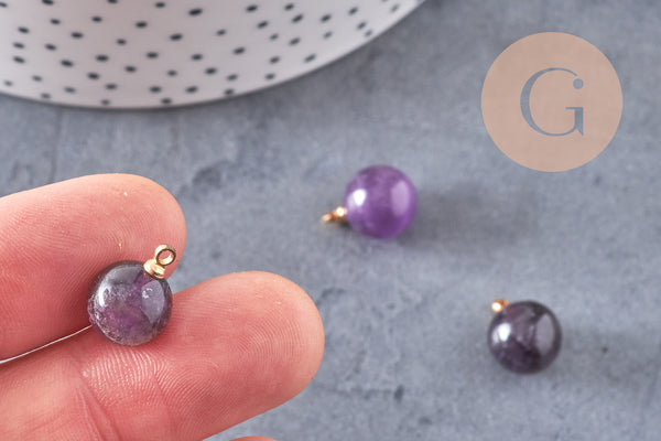 Pendentif goutte rond améthyste violette, support doré, création bijoux pierre naturelle, pendentif pierre naturelle, 14mm, x1, G4489