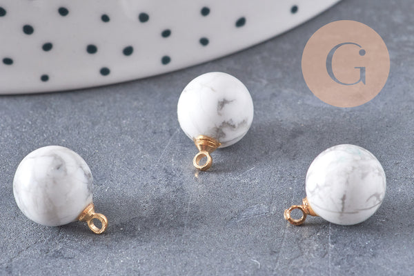 Pendentif goutte rond howlite naturelle, support doré, pendentif pierre naturelle, 14mm, x1 (G4703)