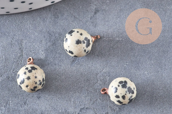 Pendentif goutte rond jaspe dalmatien naturel, support doré, création bijoux pierre naturelle,14mm, x1 (G4488)