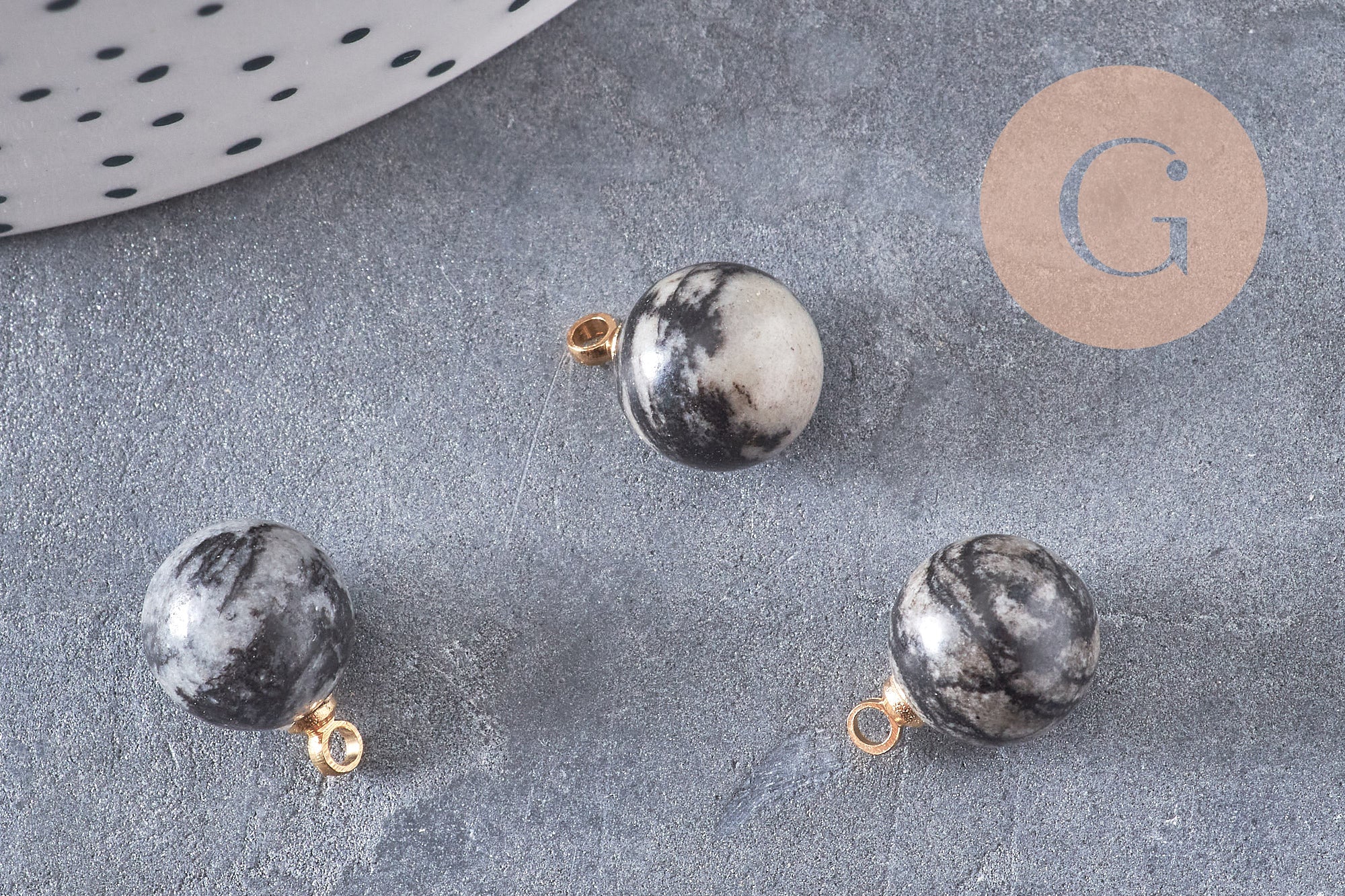 Pendentif goutte rond jaspe netstone gris support doré, création bijoux pierre naturelle, pendentif pierre naturelle, 14mm, x1, G4563