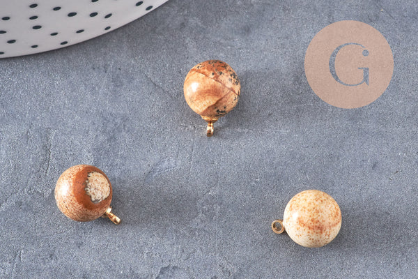 Pendentif goutte rond jaspe paysage naturel, support doré, création bijoux pierre naturelle, 14mm, x1 (G4487)