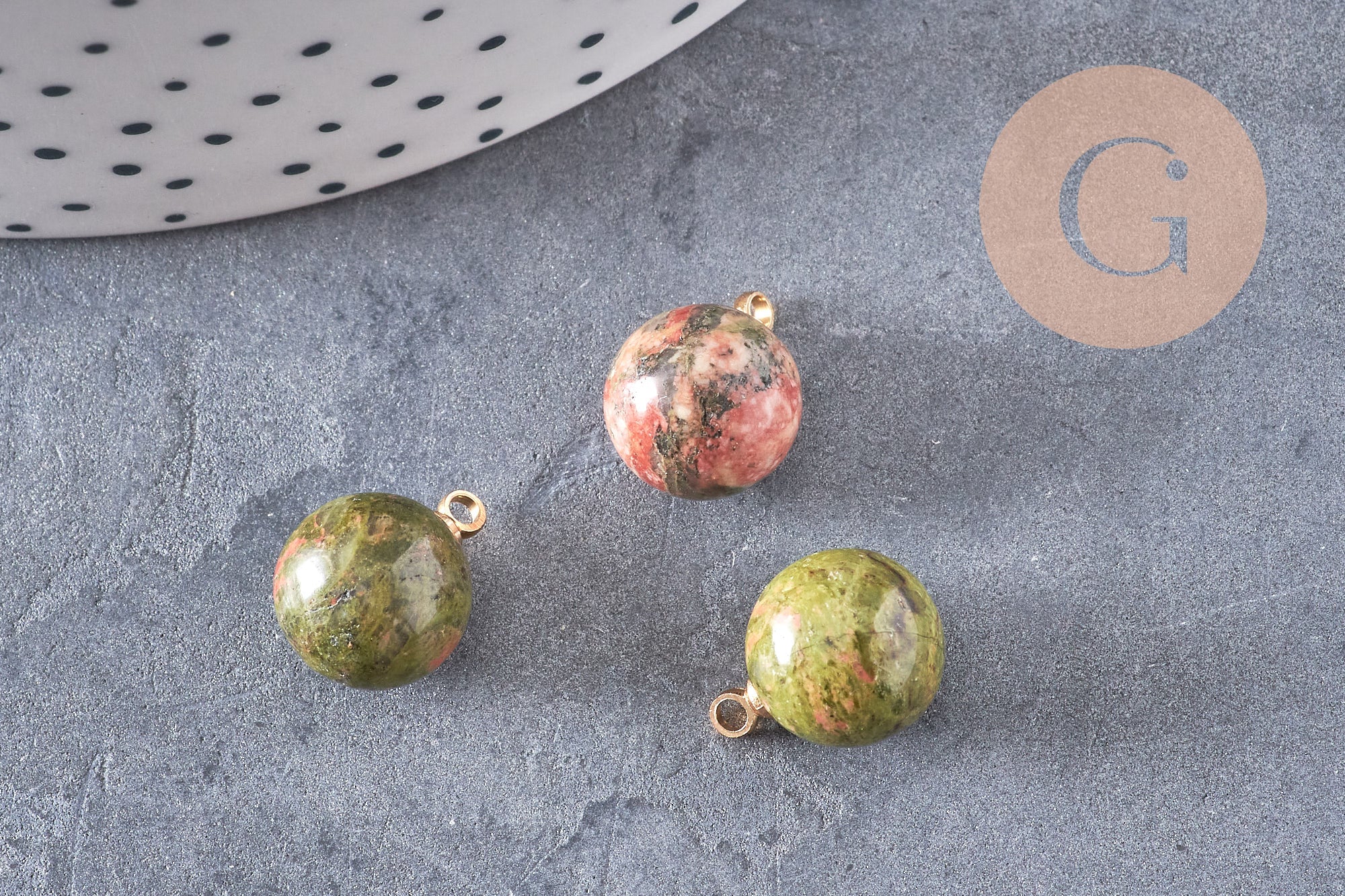 Pendentif goutte rond unakite, support doré, création bijoux pierre naturelle, pendentif pierre naturelle, 14mm, x1, G4560