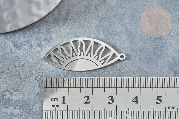 Pendentif goutte soleil argenté acier inoxydable 35mm, création bijoux acier inoxydable platine, x1 G7667