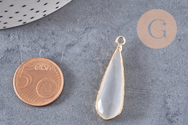 Pendentif goutte verre blanc facettes doré, fournitures créatives, pendentif pierre,verre œil de chat,31mm, x1 G5192