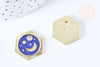 Pendentif hexagone lune étoiles bleu zamac doré 18k cristal zircon 23mm,sans nickel, pendentif chance, x1 G6681