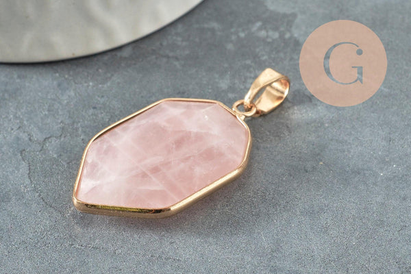 Pendentif hexagone quartz rose, fournitures créatives, quartz rose naturel, création bijoux, pierre naturelle, 30mm, x1 G2697
