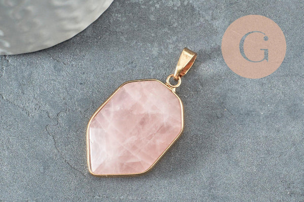 Pendentif hexagone quartz rose, fournitures créatives, quartz rose naturel, création bijoux, pierre naturelle, 30mm, x1 G2697