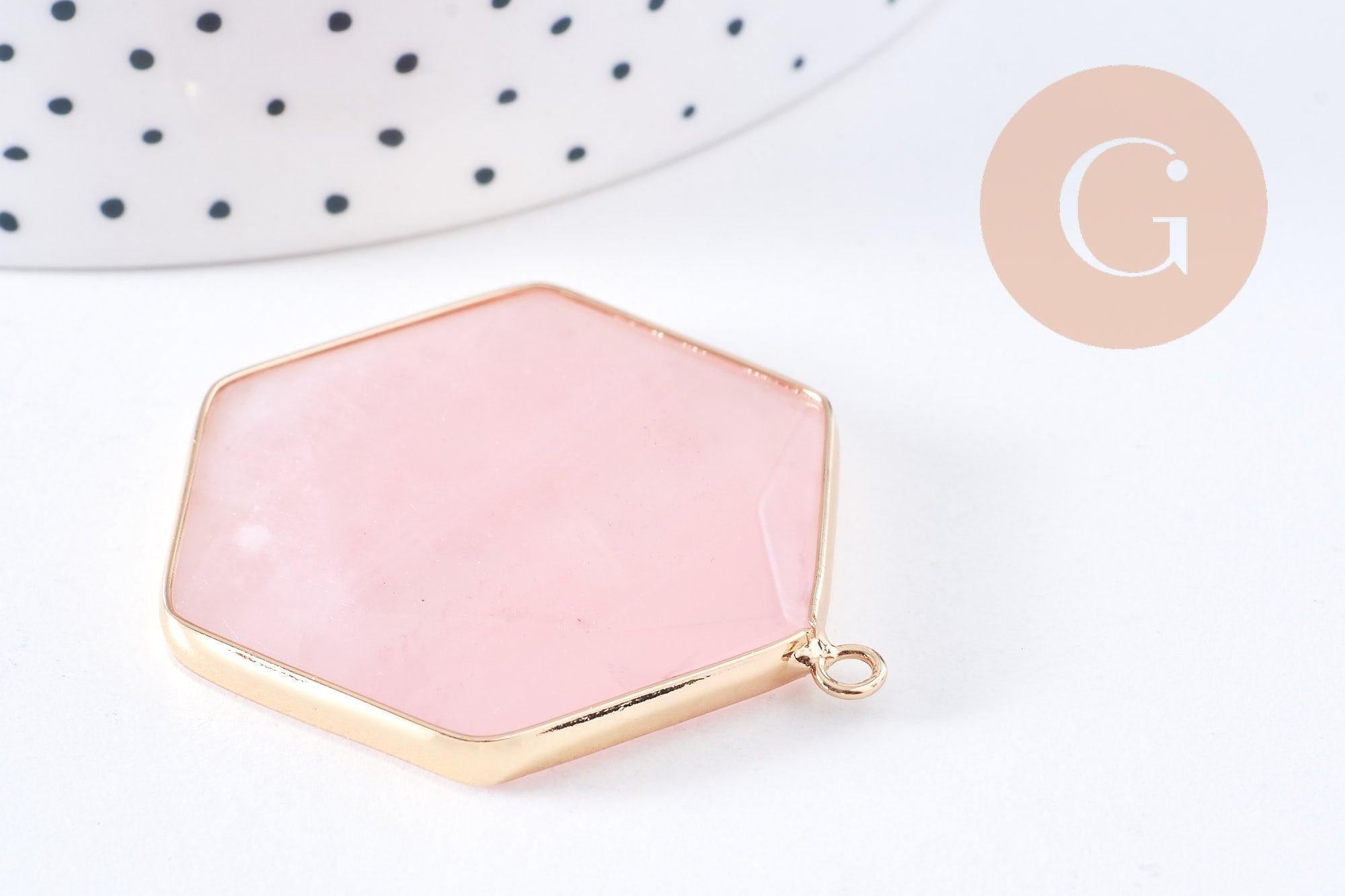 Pendentif hexagone quartz rose naturel laiton doré 45mm, x1 (G2718)