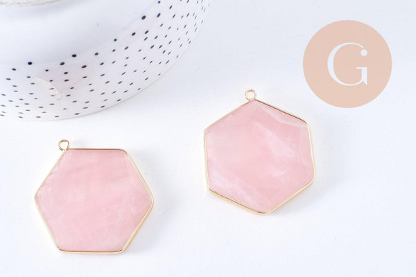 Pendentif hexagone quartz rose naturel laiton doré 45mm, x1 (G2718)