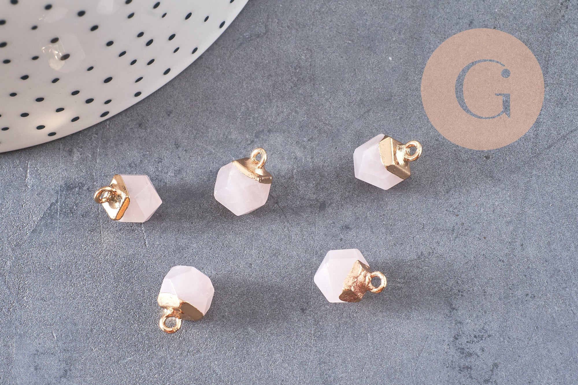 Pendentif hexagone quartz rose11mm, pendentif pierre quartz rose naturel pour création bijoux, x2-G0207