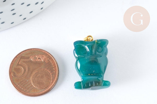 Pendentif hibou agate verte support doré 20mm, pendentif pierre agate naturelle verte,pierre naturelle, x1, G7570