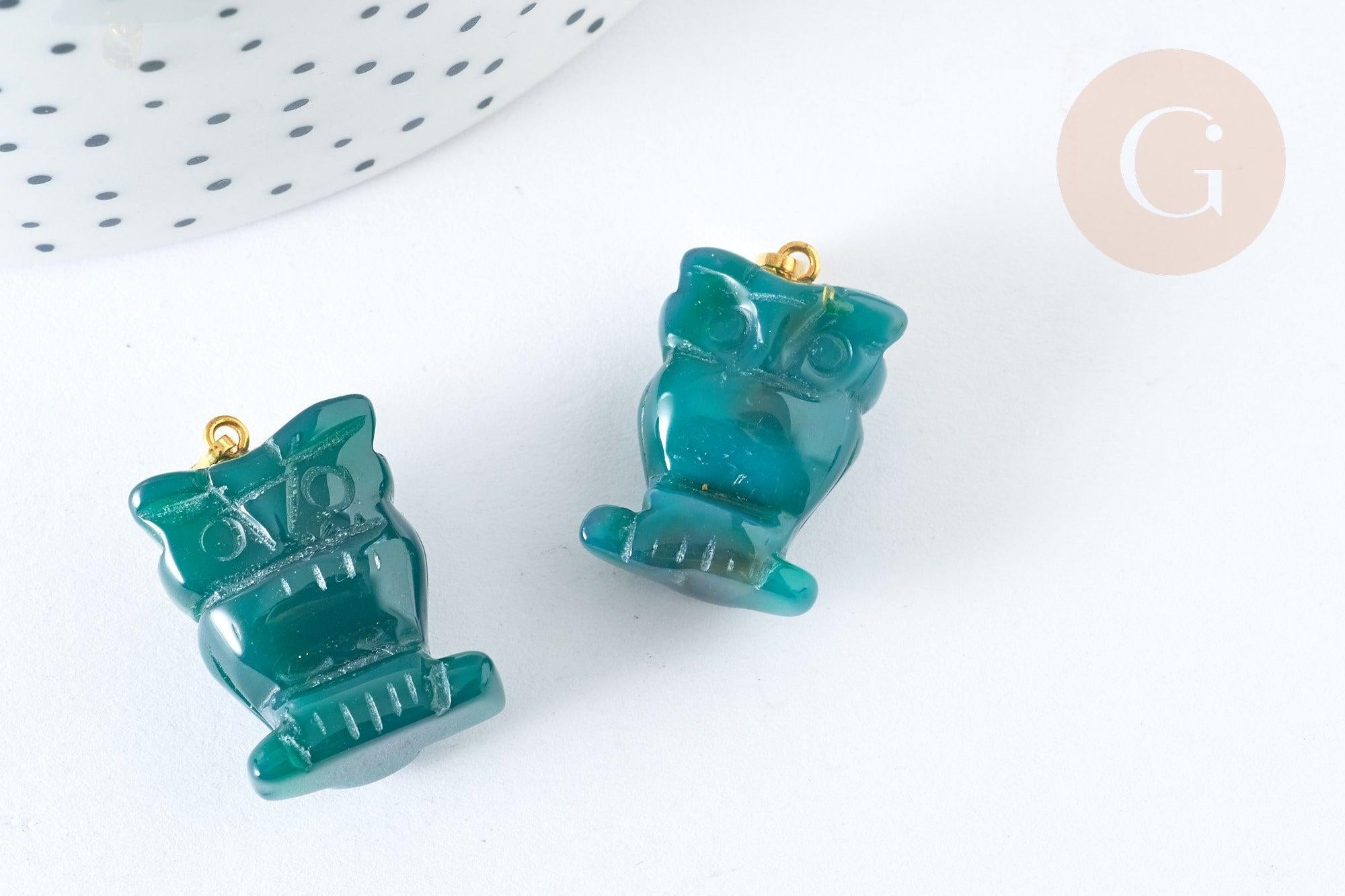 Pendentif hibou agate verte support doré 20mm, pendentif pierre agate naturelle verte,pierre naturelle, x1, G7570
