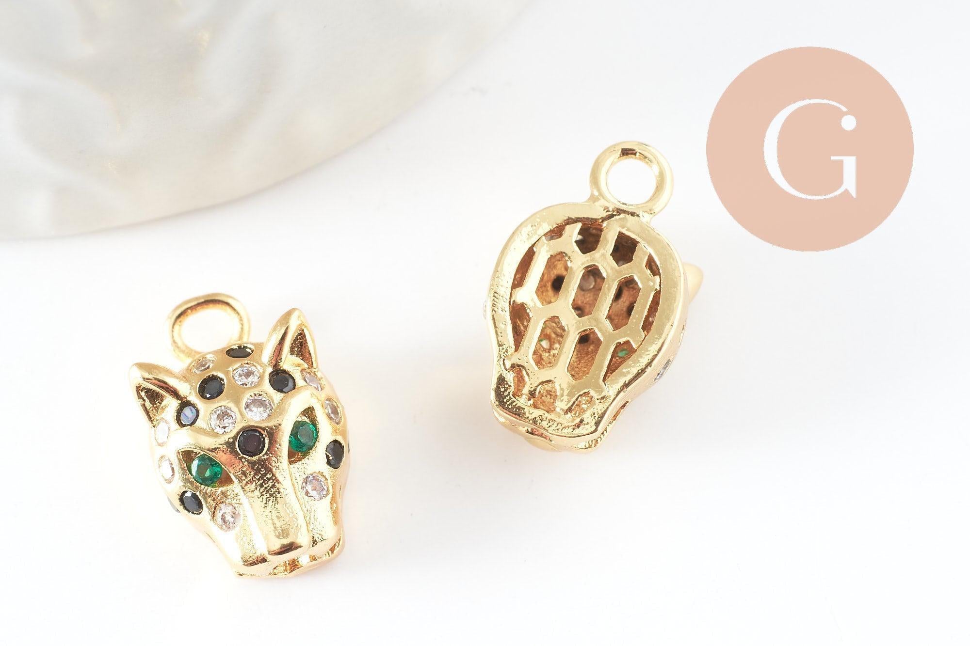 Pendentif léopard laiton doré 18K zircons multicolore 16mm, x1 (G4458)