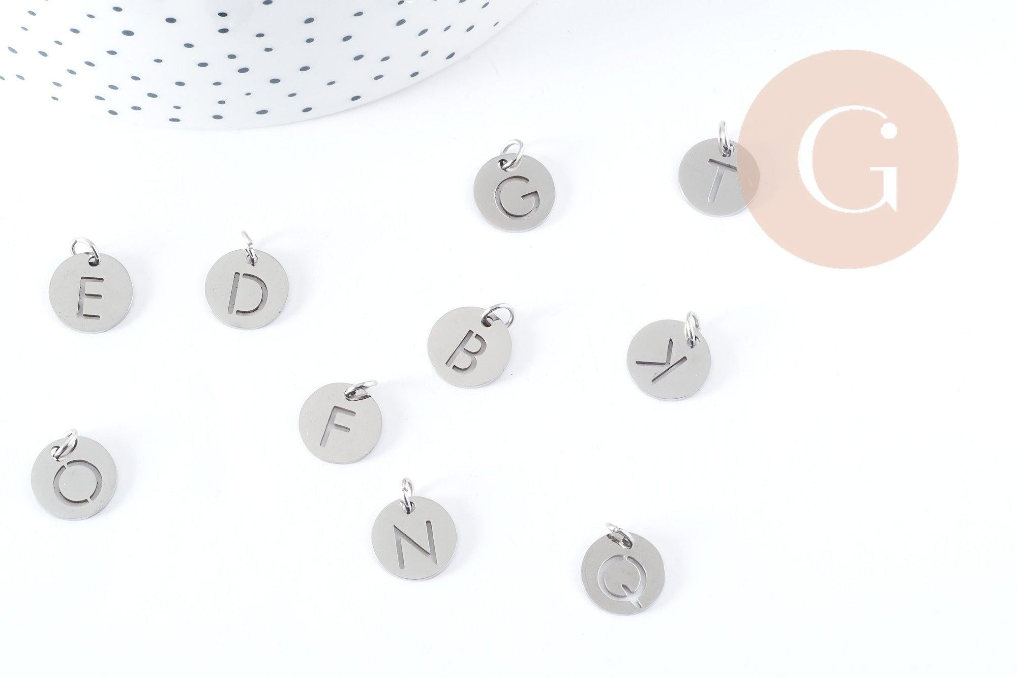 Pendentif lettre initiale acier 201 inoxydable platine sans nickel 12mm, x1 (G8969)