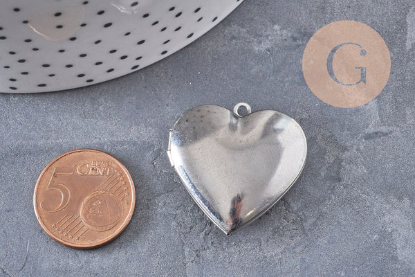 Pendentif locket coeur acier 316 inoxydable platine 29mm, x1 (G10984)