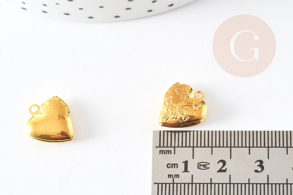Pendentif locket cœur medaillon doré, médaillon Vintage, création collier, pendentif amour doré,15.6mm, x2 G5294