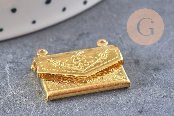 Pendentif locket enveloppe laiton doré 21.8mm, médaillon Vintage pour création collier x1 (G3321)