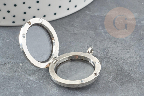 Pendentif locket medaillon verre laiton argenté 35mm, x1 (G9217)