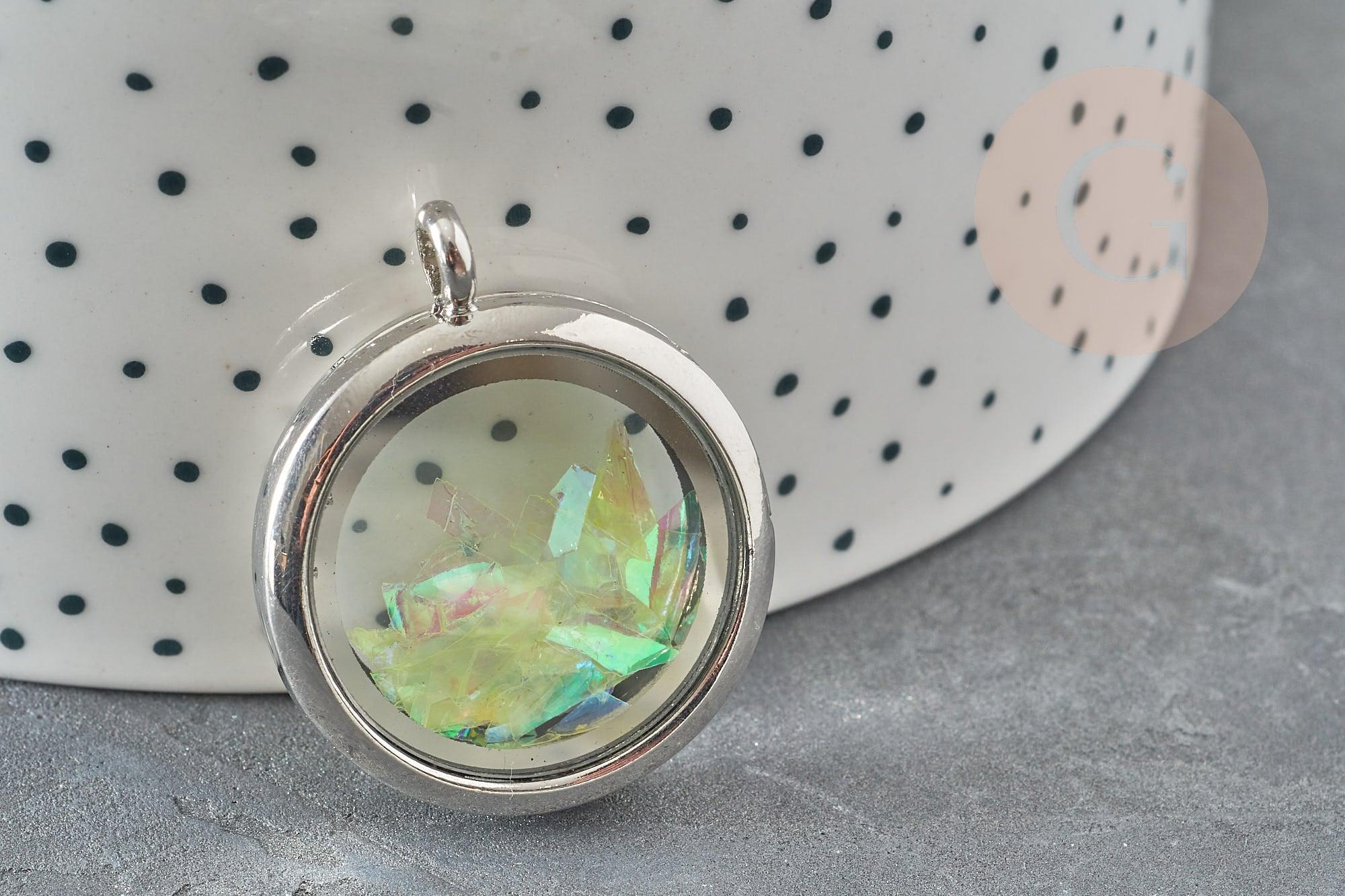 Pendentif locket medaillon verre laiton argenté 35mm, x1 (G9217)