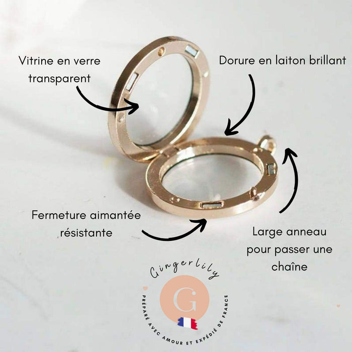 Pendentif locket medaillon vitrine verre laiton doré 35.5mm, x1 (G0602)