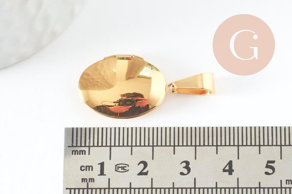 Pendentif locket ovale acier 316 inoxydable doré IP 18K 24mm, x1 (G9466)