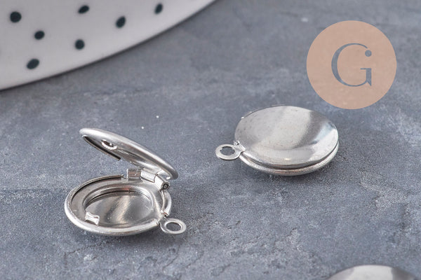 Pendentif locket rond acier 316 inoxydable platine 16mm, x1 (G10985)