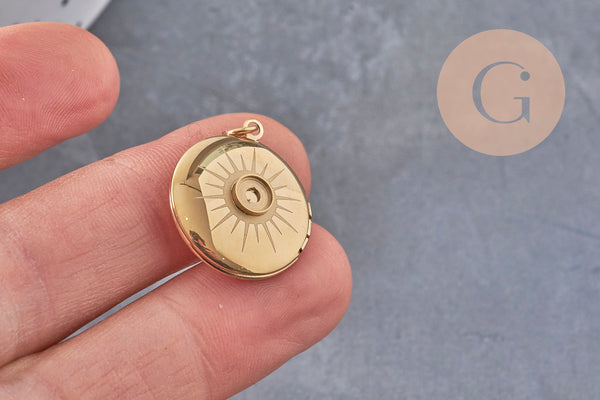 Pendentif locket rond gravé soleil acier 316 inoxydable doré IP 18K 23mm, x1 (G10972)