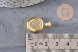 Pendentif locket rond laiton doré 18K coeur zircons 23mm, x1 (G11137)