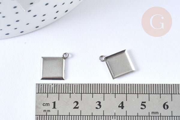 Pendentif losange support cabochon rond acier inoxydable argenté 17-18mm, x2 (G7246)