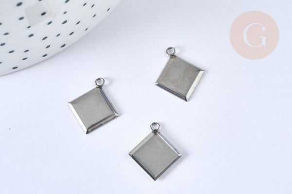 Pendentif losange support cabochon rond acier inoxydable argenté 17-18mm, x2 (G7246)