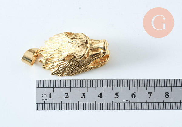 Pendentif loup acier 304 inoxydable doré 47.5mm, x1 (G6013)