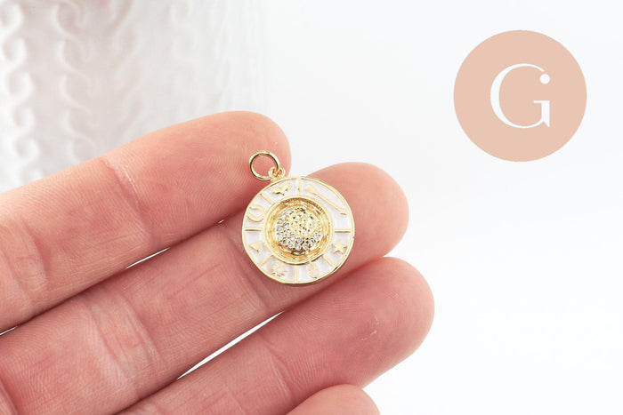 Pendentif lune doré 18K émail blanc zircon,pendentif lune doré horoscope,porte-bonheur,laiton doré,20mm, x1 (G5329)