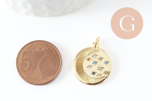 Pendentif lune doré 18K et zircon coloré,pendentif lune doré horoscope,porte-bonheur,laiton doré,20.5mm, x1 (G6200)