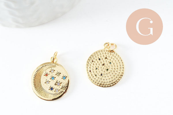 Pendentif lune doré 18K et zircon coloré,pendentif lune doré horoscope,porte-bonheur,laiton doré,20.5mm, x1 (G6200)