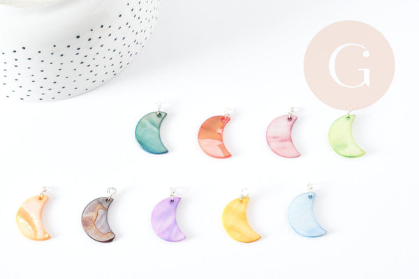 Pendentif lune en nacre multicolore support cuivre argenté 28.5mm, pendentif lune coquillage bijoux DIY x1 G9155