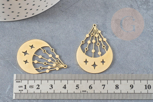 Pendentif lune et étoiles acier doré 39.5mm, breloque doré, acier inoxydable doré, pendentif sans nickel, création bijoux, x1, G6143