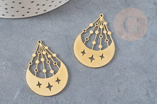 Pendentif lune et étoiles acier doré 39.5mm, breloque doré, acier inoxydable doré, pendentif sans nickel, création bijoux, x1, G6143