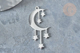 Pendentif lune et étoiles argenté acier 304 inoxydable 41.5mm, x1 (G7664)
