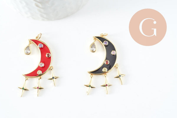 Pendentif lune étoiles émaillé laiton doré 45mm, x1 (G5335)